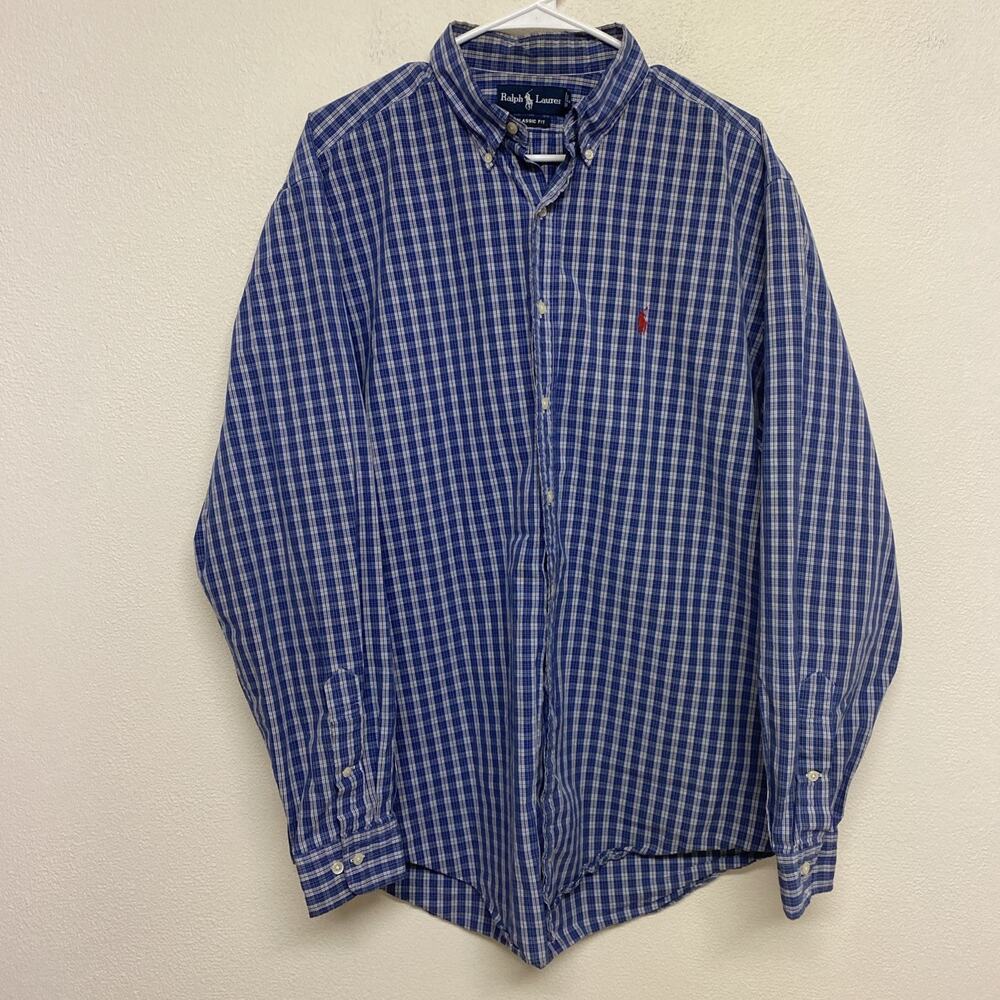 Ralph Lauren Shirt Mens Size L Blue & White Gingham Classic Fit Button Down Logo